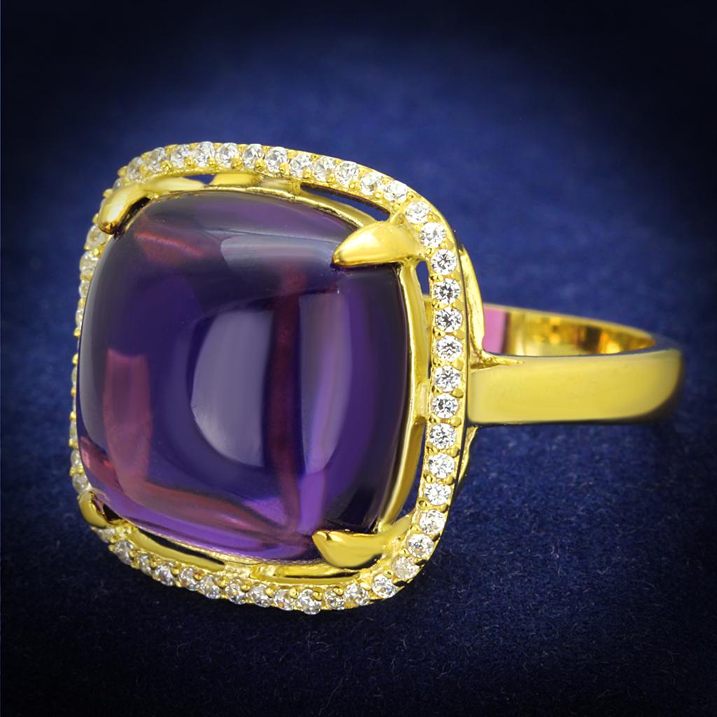 TS392 - Gold 925 Sterling Silver Ring with Synthetic Synthetic Glass in Amethyst