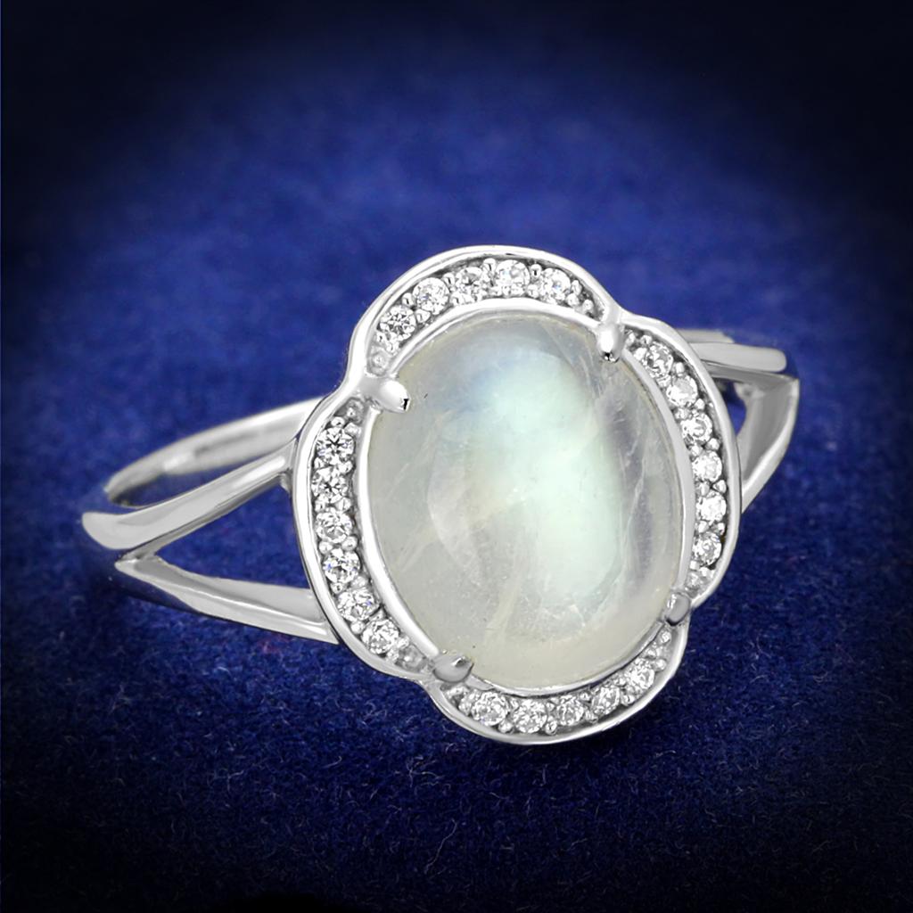 TS393 - Rhodium 925 Sterling Silver Ring with Semi-Precious Moon Stone in Clear