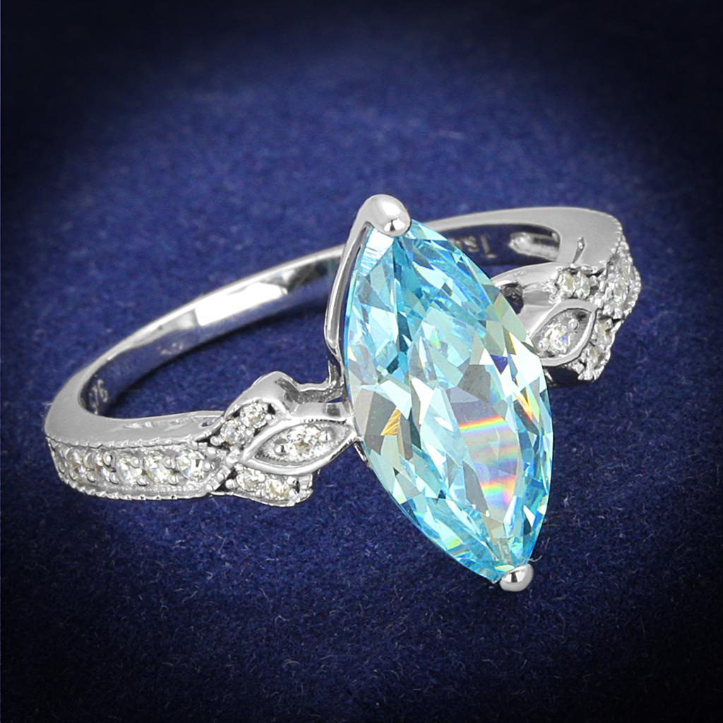 TS502 - Rhodium 925 Sterling Silver Ring with AAA Grade CZ  in Sea Blue