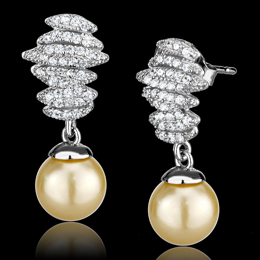 TS531 - Rhodium 925 Sterling Silver Earrings with Synthetic Pearl in Topaz