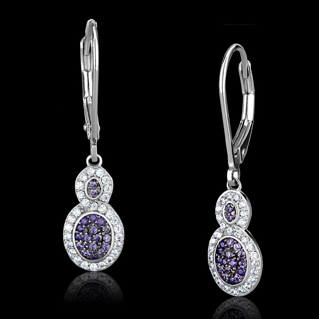 TS532 - Rhodium + Ruthenium 925 Sterling Silver Earrings with AAA Grade CZ  in Amethyst