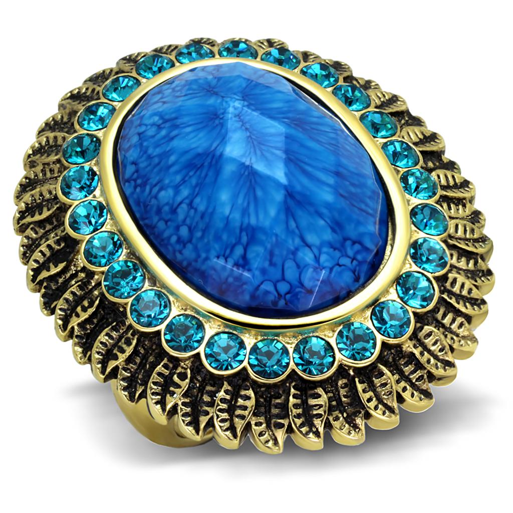 VL121 - IP Gold(Ion Plating) Stainless Steel Ring with Synthetic Synthetic Stone in Sea Blue