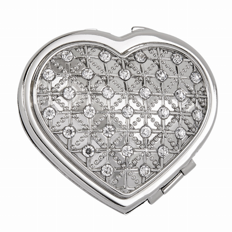 Heart Compact Mirror with Crystals, 2 3/8