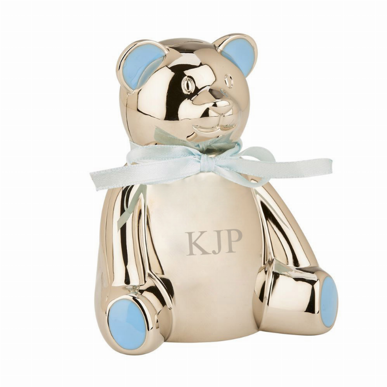 Blue Highlight Teddy Bear Bank, Nickel Plated 4" H