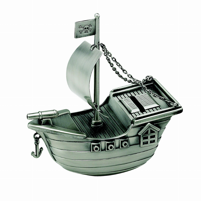 Pirate Ship Bank, Pewter Finish 6" X 5.5" X 2.5"