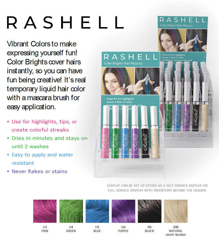 36 piece Rashell Color Brights Hair Mascara display Fast Start Kit with free display and testers