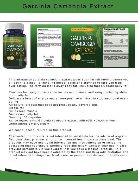 Garcinia Cambogia 800mg HCA Natural Appetite Suppressant (60 capsules)