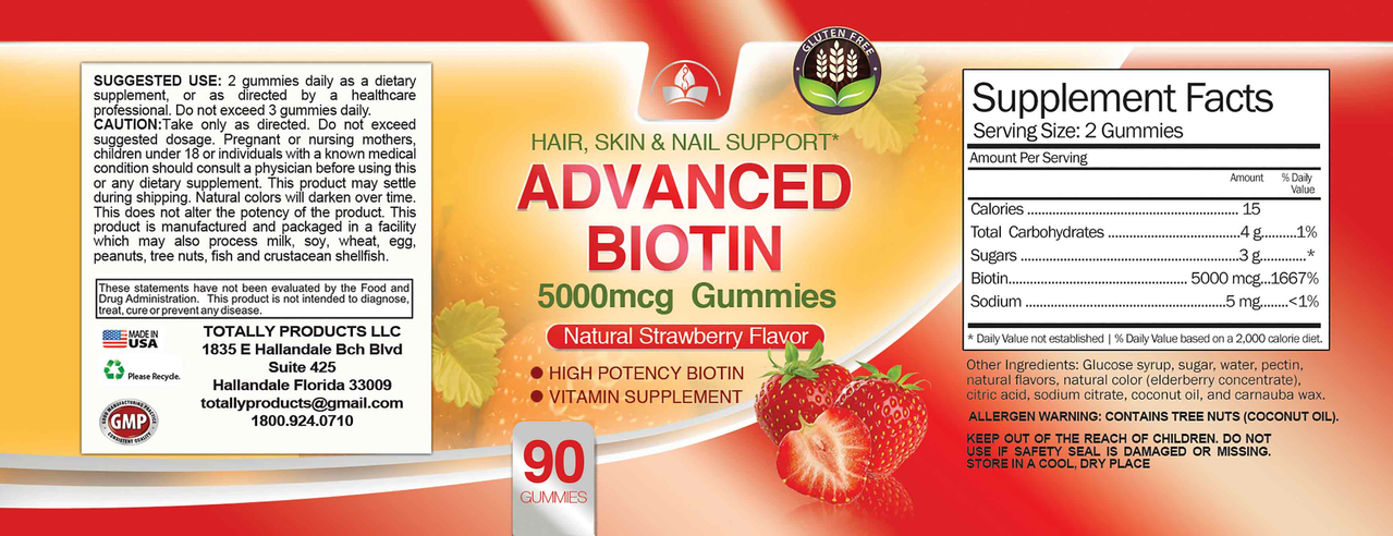 Totally Products Advanced Biotin Gummies 5000mcg (90 gummies)
