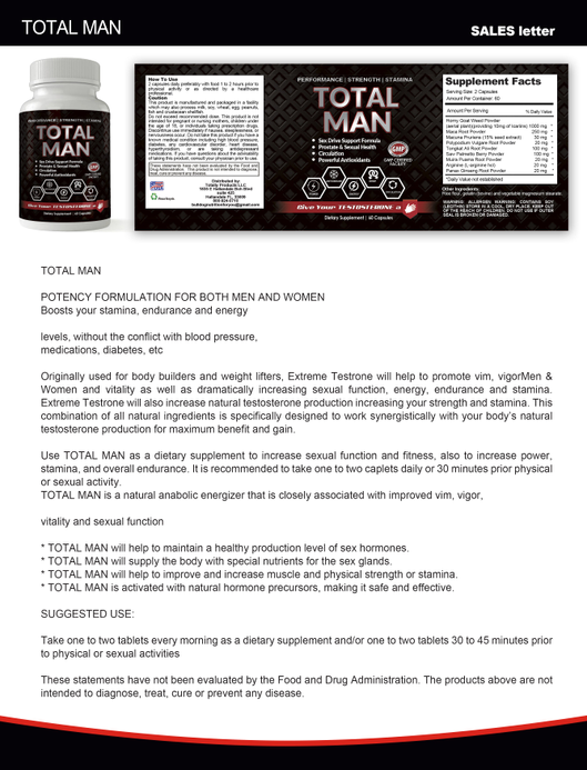 Total Man 1600mg-For increased Performance and Desire with Maca Root Powder, Tribulus & Tongkat Ali-Natural aphrodisiac and Libido booster (60 Capsules)