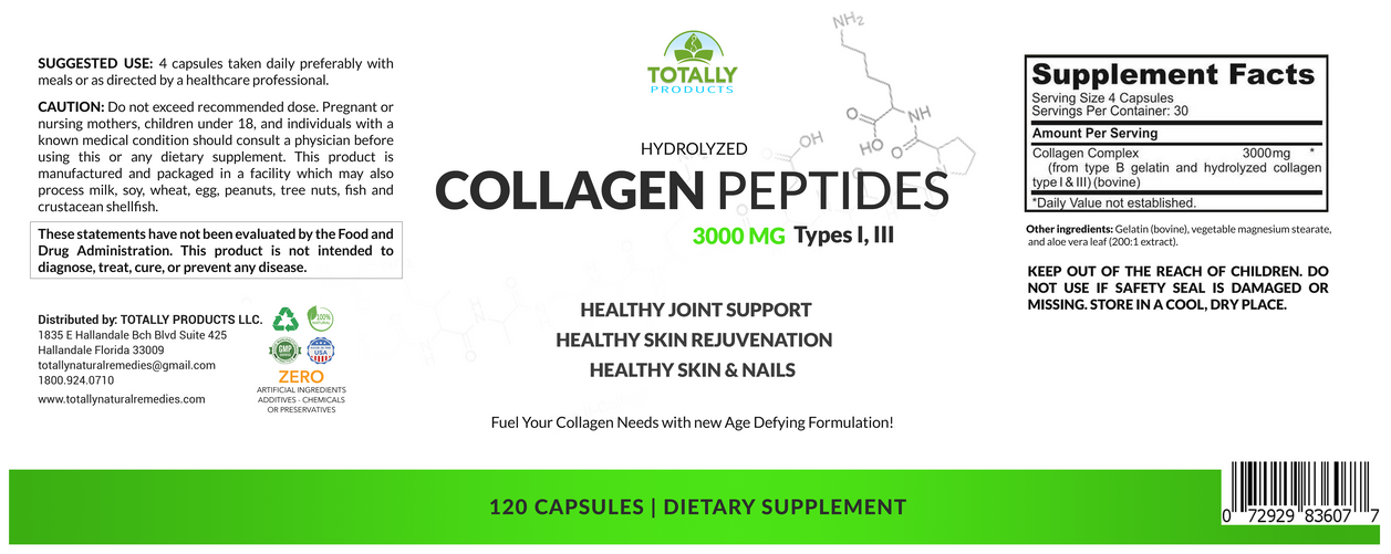 Hydrolyzed Collagen Peptides 750mg - Protein Powder  (120 Capsules)