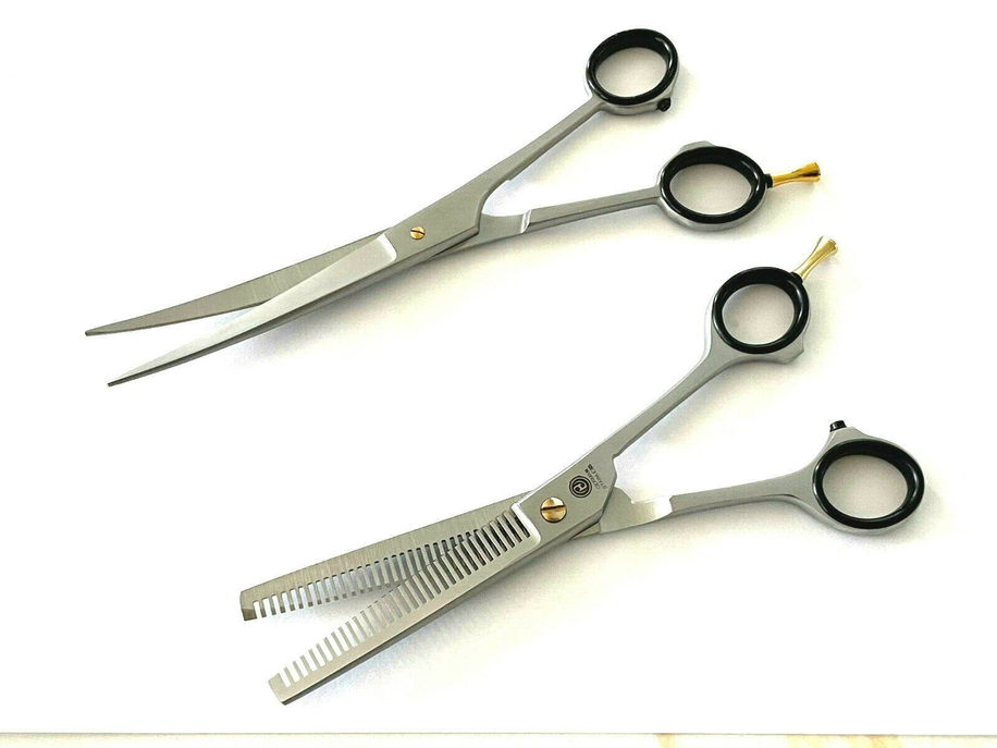 German Curved Barber Hair Trimming Scissors + Double Teeth Thinning Shears Hashir's HQP00786