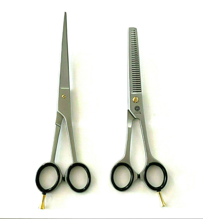 German Curved Barber Hair Trimming Scissors + Double Teeth Thinning Shears Hashir's HQP00786