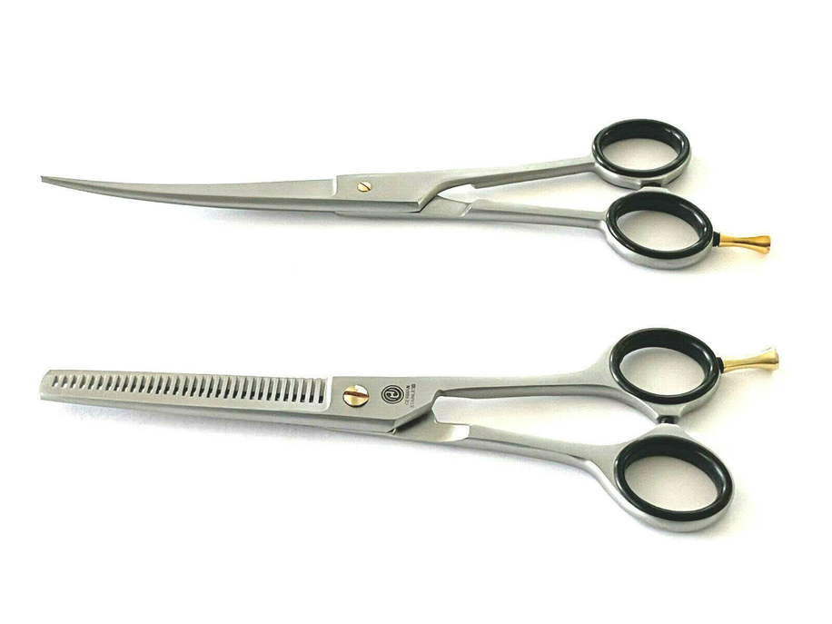 German Curved Barber Hair Trimming Scissors + Double Teeth Thinning Shears Hashir's HQP00786