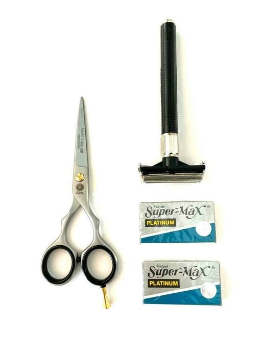 Men's Old Fashion Safety Razor Plus Professional Scissors Shaving Grooming Men's Holiday Excellent Gift Set Kit