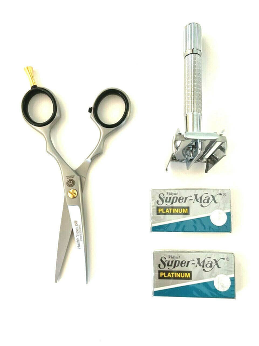 Men's Old Fashion Safety Razor Plus Professional Scissors Shaving Grooming