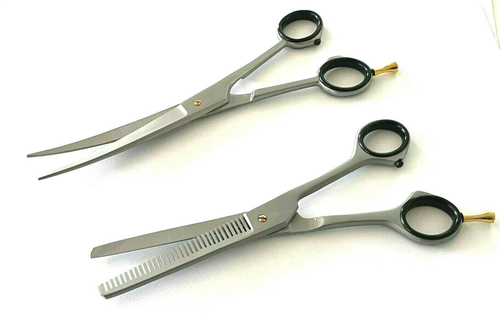 German Curved Barber Hair Trimming Scissors + Single Teeth Thinning Shears