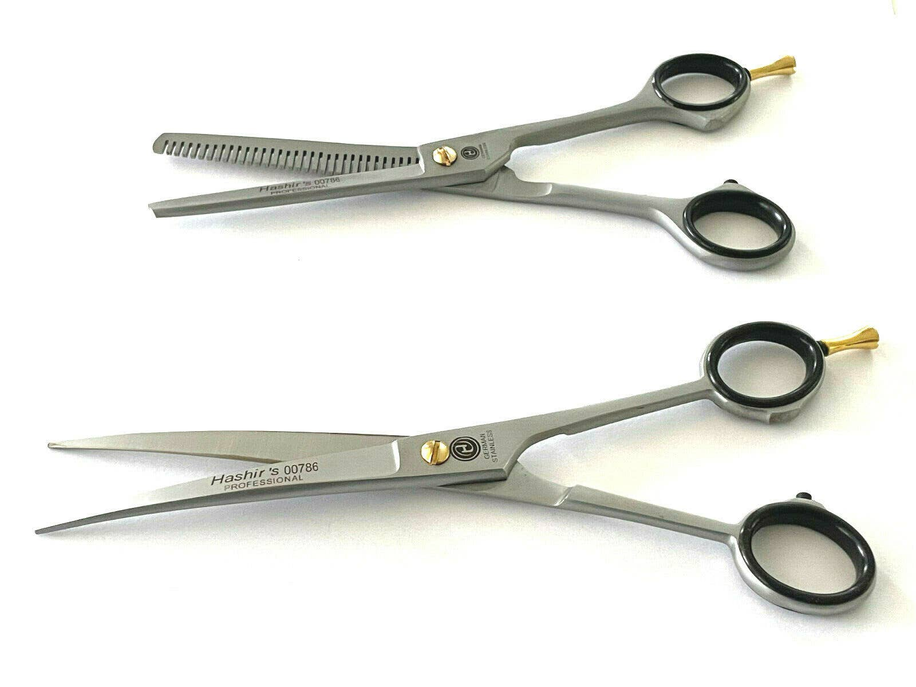 German Curved Barber Hair Trimming Scissors + Single Teeth Thinning Shears