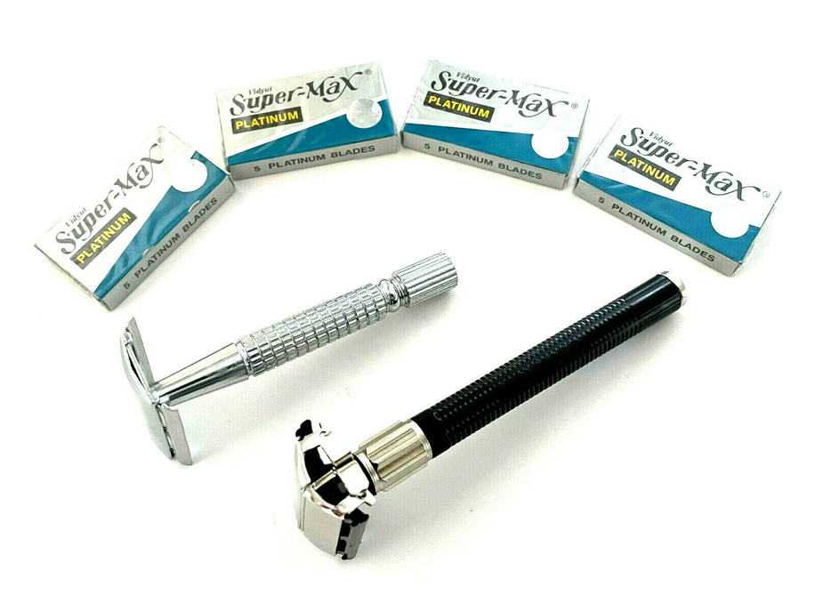 Classic Men's Old Fashion Safety Razors Set Silver Black + 20pcs Blade