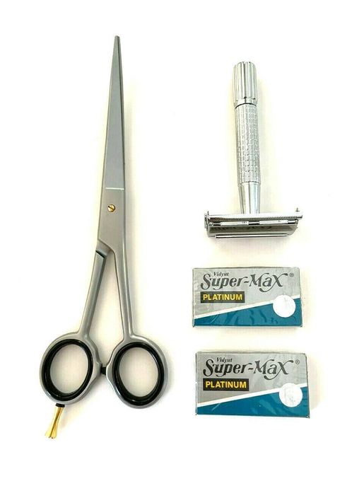 German Curved Blades Unisex Hair Grooming Hashir's Scissors Shears Plus Safety Razor Blades Excellent Gift Set Kit